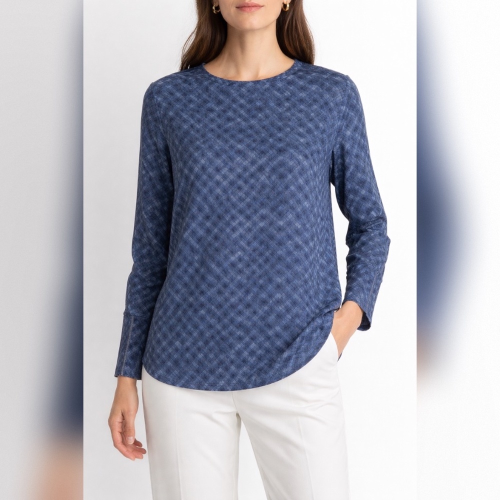 WHYRED HERRINGBONE PRINT ZIPPER LONG SLEEVE TOP BLUE SIZE 36 "NWT"